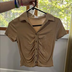 Tan Button-Up Ribbed Women's Top